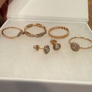 Pandora Rose Gold Ring Bundle + Earrings